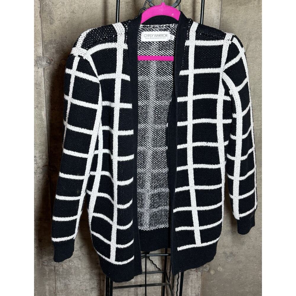 GYPSY WARRIOR Cardigan M/L Black White Grid Open Front Knit Sweater Boho Chic